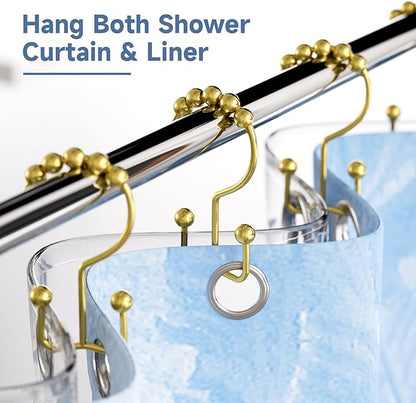 Titanker Gold Shower Curtain Hooks Rings, Rust-Resistant Metal Double Glide Shower Hooks Rings for Bathroom Shower Curtains Rods, Set of 12 Hooks - Light Gold