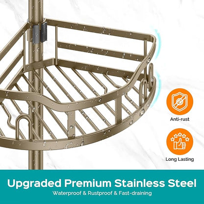 HAMITOR Corner Shower Caddy Tension Pole: Rustproof 4-Tier Bathroom Organizer Shelves for Bathtub Shampoo Storage - 47-121 Inch Quick Install Adjustable Rod Standing Rack with Soap Rack - Matte Gold