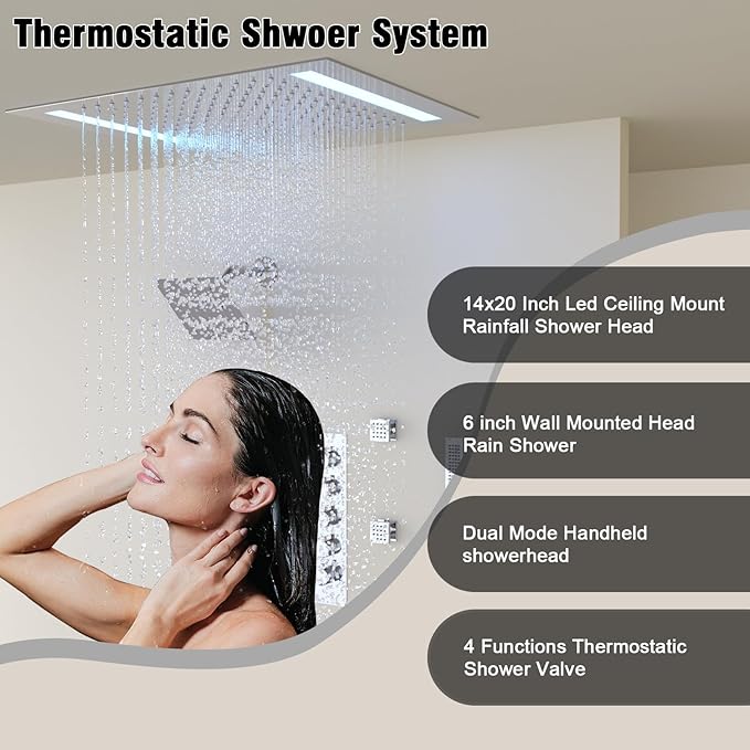 Thermostatic Shower System with 14x20 Inch Ceiling Mount LED Head & 6 Inch Wall Head and Handheld Shower 4 Function Vale with body jets Can All Run Together,Polished Chrome
