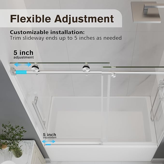 Bathtub Shower Door Frameless, 55-60" W x 60" H Sliding Tub Shower Door, 1/4''(6mm) SGCC Tempered Glass with Explosion-Proof Film Nano Coating, Stainless Steel Hardware, Brushed Nickel