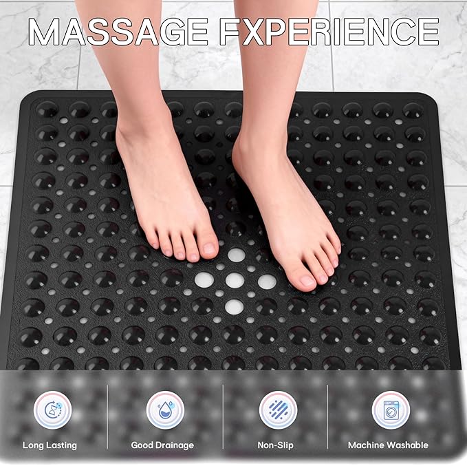 Anti-Slip Bathtub Shower mat, 20.8×20.8（Approximately 53×53cm） inch Soft Oversized Machine Washable Non-Slip Bathtub mat with Drainage Holes, Bathroom Floor Suction Cup.（1-Opaque Black）