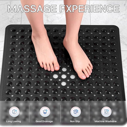 Anti-Slip Bathtub Shower mat, 20.8×20.8（Approximately 53×53cm） inch Soft Oversized Machine Washable Non-Slip Bathtub mat with Drainage Holes, Bathroom Floor Suction Cup.（1-Opaque Black）