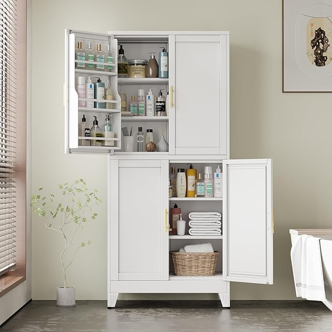 75" Tall Metal Kitchen Pantry Storage Cabinet, Freestanding Cupboard Storage Cabinet with 4 Doors and 4 Adjustable Shelves, Large Stand Up Food Cupboard for Dinning Room, Bathroom, White