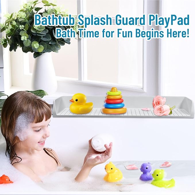 Splash Guard for Bathtub Kids, Longer Silicone Bathtub Splash Guard with 11 Suction Cups, Bath Tub Play Shelf for Kids & Toy Holder, Prevent Water Spill in Bathroom, Grey