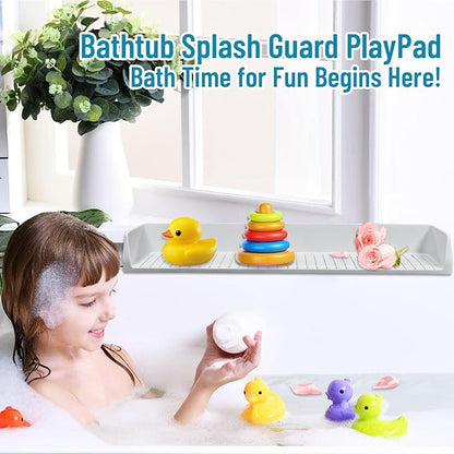 Splash Guard for Bathtub Kids, Longer Silicone Bathtub Splash Guard with 11 Suction Cups, Bath Tub Play Shelf for Kids & Toy Holder, Prevent Water Spill in Bathroom, Grey