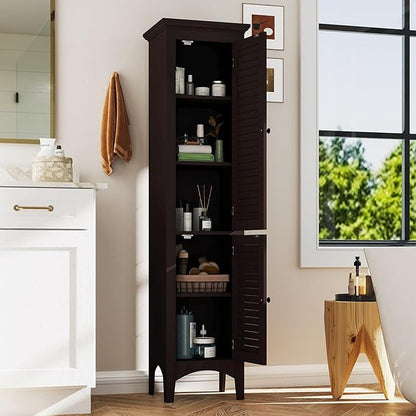 Tangkula 63" Tall Bathroom Storage Cabinet, Freestanding Narrow Linen Tower with Adjustable Shelf, Modern Slim Floor Cabinet with 2 Doors for Bathroom, Living Room, Kitchen (Brown)