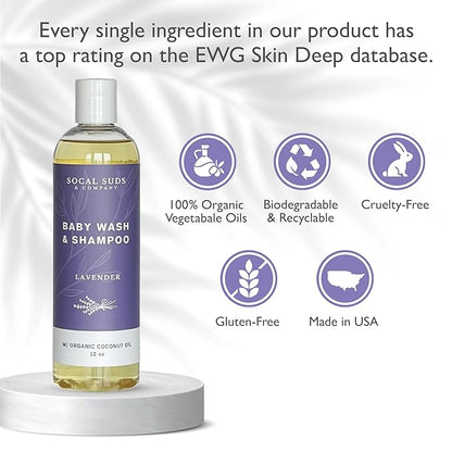 SoCal Suds & Company Organic Baby Shampoo and Body Wash - 2-in-1 Castile Soap, Hypoallergenic, Sensitive Skin, Natural Soap, Toddler Shampoo, Infant, Newborn, Kids Body Wash - 12oz Lavender