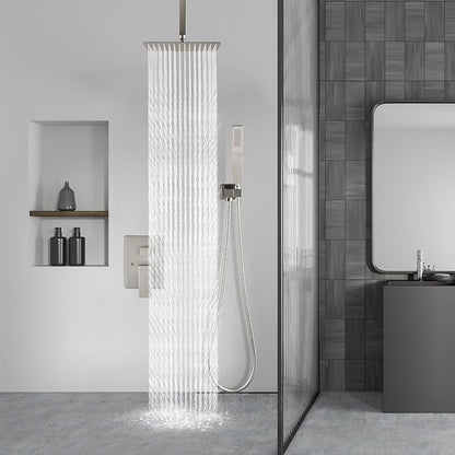 Aolemi Ceiling Mount Shower System Rain Shower Head with Handheld Spray High Pressure Shower Faucet Set Rough-in Valve Shower Trim Kit Included Bathroom Brushed Nickel 8 Inch Ceiling Shower Head