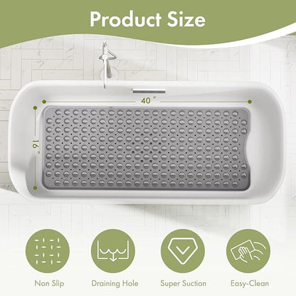 AmazerBath Shower Mat Non Slip 40 x 16 Inches, Shower Stall Mats with Suction Cups and Drain Holes, Non Slip Bath Mat for Tub for Elderly & Kids, Grey