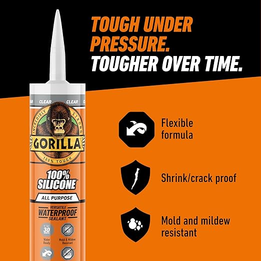 Gorilla Waterproof Caulk & Seal Silicone Sealant, 10oz Cartridge (Pack of 1) - Clear Caulking Sealant for Kitchen, Window, Bath, Marine, Door and More