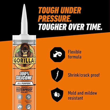 Gorilla Waterproof Caulk & Seal Silicone Sealant, 10oz Cartridge (Pack of 1) - Clear Caulking Sealant for Kitchen, Window, Bath, Marine, Door and More