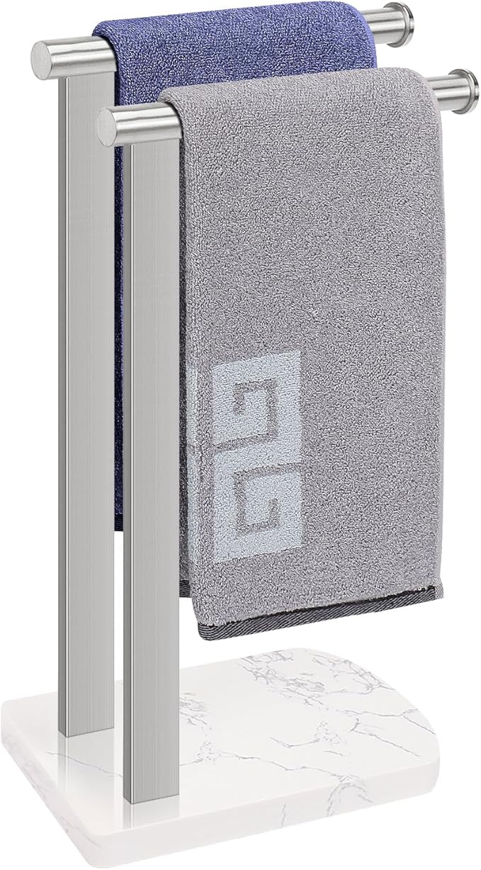 NearMoon Hand Towel Holder with Balanced Marble Base, SUS304 Stainless Steel Stand Towel Ring L Shape Hand Towel Rack Free-Standing Towel Bar for Bathroom Kitchen Countertop(Double Rod Brushed Nickel)