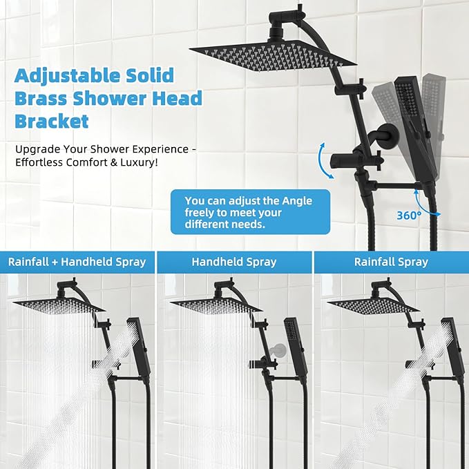 Hibbent All Metal CUPC Certified 8'' Rainfall Shower Head, Dual Shower Head Combo, High Pressure Handheld 4 Sprays Shower Wand, 16'' Adjustable Extension Arm, 71'' Hose, Shower Holder, Matte Black