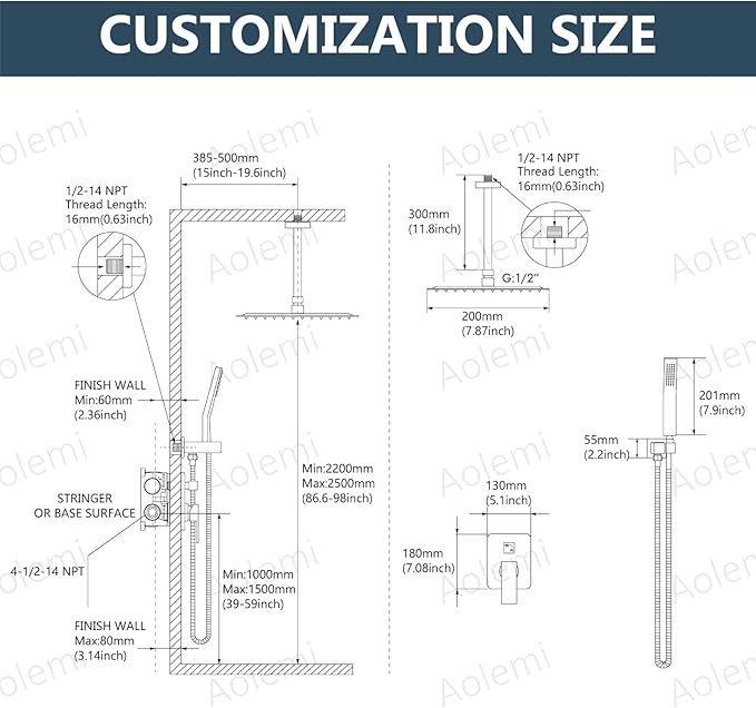 Aolemi Ceiling Mount Rain Shower Head & Handheld Spray with Robust Valve & Trim Kit - Matte Black, 8 Inch Head