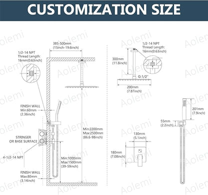 Aolemi Ceiling Mount Rain Shower Head & Handheld Spray with Robust Valve & Trim Kit - Matte Black, 8 Inch Head
