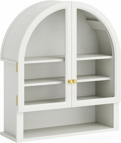 Arched Wall Cabinet with Acrylic Door, Large Wooden Wall Mounted Bathroom Cabinet, Modern Hanging Medicine Cabinet with Adjustable Shelf and Open Shelf, White