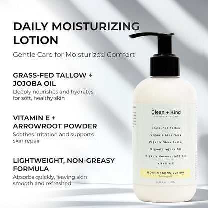 Daily Moisturizing Lotion – Tallow Body Lotion with Aloe Vera, Shea Butter, Jojoba Oil, MCT Oil & Vitamin E – Deep Hydration for Dry, Rough, Sensitive Skin (8 oz, Lemongrass)
