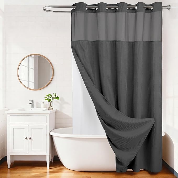 River Dream Heavyweight No Hooks Required Dotted Waffle Weave Shower Curtain with Snap in Liner -Extra Long 71W x 86H,Hotel Grade,Spa Like Bath Curtain,Graphite Grey