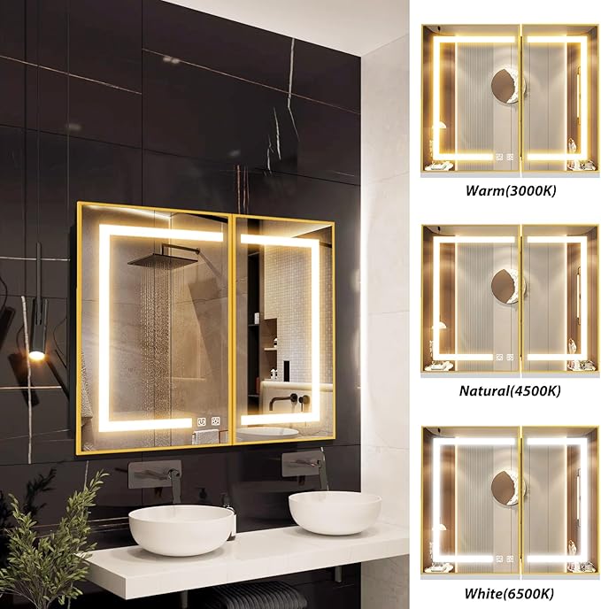 APRILSOUL 36X30 Inch Gold Bathroom Medicine Cabinet with Mirror, Recessed or Surface Lighted Medicine Cabinet with 3 Colors Temperature, Dimmable Light