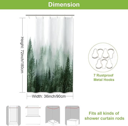 ORTIGIA Misty Forest Stall Shower Curtain for Small Bathroom, Green Half Size Narrow Nature Woodland Shower Curtain Set with Hooks, Waterproof Fabric Pine Tree Fog Magic Home Bath Curtain 36x72 inch