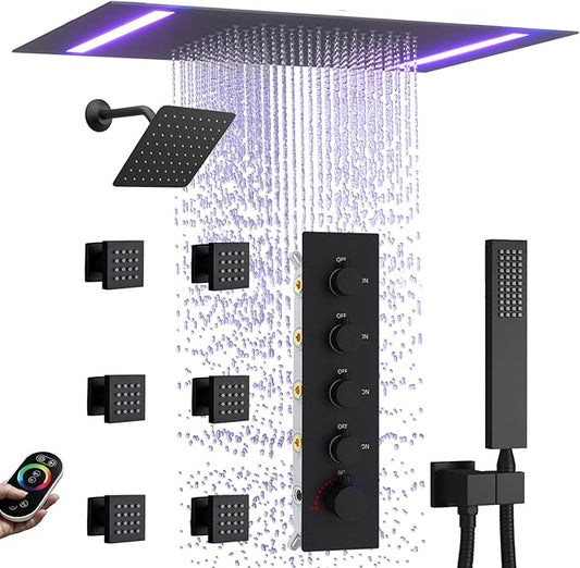 Thermostatic Shower System with 14x20 Inch Ceiling Mount LED Head & 6 Inch Wall Head and Handheld Shower 4 Function Vale with body jets Can All Run Together, Matte Black