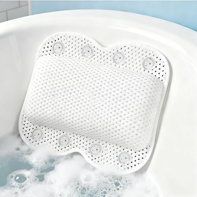 Bath Pillow Non Slip Spa Bathtub Head & Neck Rest Support, Headrest with Soft 4D Mesh Fabric, Permeable Quick Drying Air Mesh Tub Pillow with 8 Suction Cups, Soft & Relaxing, White