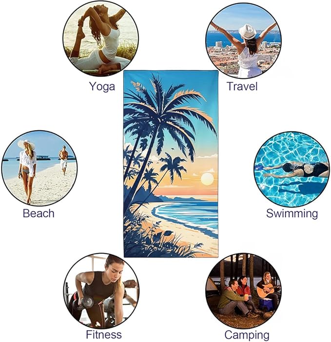 Quick-Dry Coconut Beach Towel 36"x72" Sand-Free Soft Microfiber with Palm Tree Pattern