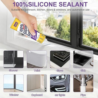 High-Strength Silicone Sealant & Adhesive - 100% Waterproof, Flexible Caulk for Kitchen, Bathroom, Shower, Window, Auto - Creates Durable, Shrink & Crack Resistant Seal 5 Oz. Tube. (Clear)