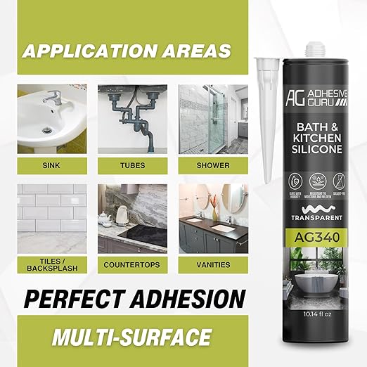 Adhesive Guru AG340 Clear Silicone Sealant for Bath and Kitchen(24x10.14 fl oz), 100% Silicone Caulk, Weatherproof & Flexible Adhesive Sealant, 24 Pack