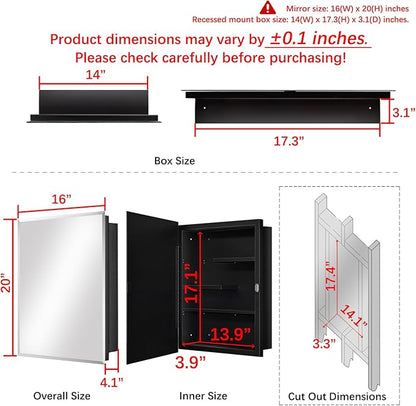 Fundin Black Medicine Cabinet with 16 x 20 Beveled Mirror & Adjustable Staggered Shelves, Recessed or Surface Mount Bathroom Medicine Cabinet