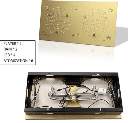 Brushed Gold Thermostatic Rain LED Shower System With Spa Body Jets, 12.5X24.5 Inch Large Horizontal Rectangle Ceiling Shower Head, Double Bath Shower Set Flow Can Be Controlled