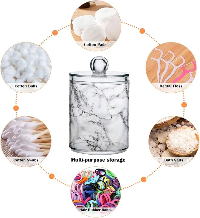 MNSRUU 2 Pack Qtip Holder Organizer Dispenser Stylish White Marble Texture Bathroom Storage Canister Cotton Ball Holder Bathroom Containers for Cotton Swabs/Pads/Floss