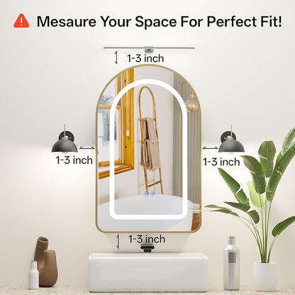 LED Arched Bathroom Medicine Cabinet with Mirror, No Assembly Needed, Recessed or Surface Mount Wall Storage Cabinet, Mirror Cabinet with Tissue Slot (Gold-LED, 31.5" L x 19.7")