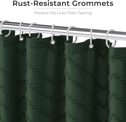 96inch Extra Long Dark Green Boho Shower Curtain Woven Fabric Shower Curtain Tufted Chervon Textured Shower Curtains Modern Minimalist Shower Curtains for Bathroom