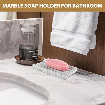 2PCS Koville Italian Natural Marble Soap Dish for Shower, Stone Soap Tray for Bathroom, Bar Soap Holder for Sink, Stripe Grooves Saver Keep Bars Dry Easy Clean (Bianco Carrara)