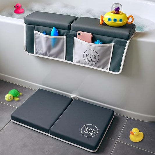 Comfortable Baby Bath Kneeler and Elbow Rest Pad Set, Non-Slip Bathtub Kneeling Pad for Bathing Baby, Bath Tub Cushion Mat, Elbow Pads, Toy Organizer Storage Pockets, Strong Suction Cups, Dark Gray