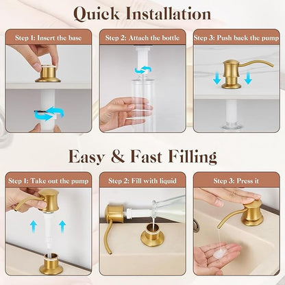 Built in Soap Dispenser for Kitchen Sink Countertop, Solid Brass Pump Head Long Spout with 10.2 Ounce PET Food Safe Material Lotion Bottle, Brushed Gold Finish