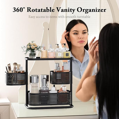 KINGRACK Bathroom Counter Organizer, 3 Tier Rotating Vanity Bedroom Storage cabinet, Cosmetic Holder Standing Shelf, Bathroom Tray for Countertop Storage, Kitchen Spice Rack, Black