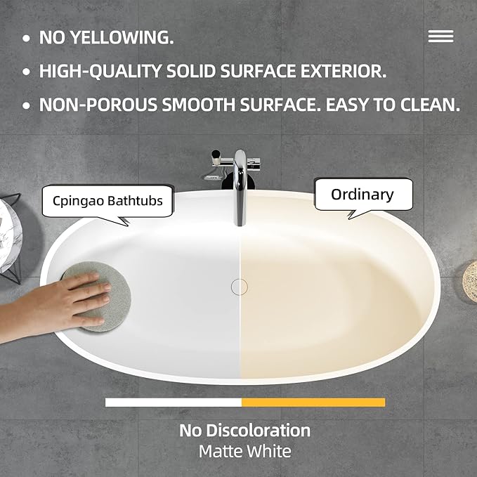 Cpingao 67" Freestanding Bathtub, Oval Shaped Stone Resin Freestanding Tubs, Solid Surface Matte White Soaking Tub with Overflow and Pop-up Drain 8801-1700