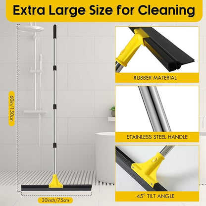 Floor Squeegee for Concrete and Tile Cleaning, 30'' Heavy Duty Rubber Wiper with 60'' Long Adjustable Handle Water Scraper for Bathroom Shower Glass Garage Glass Window(Yellow
