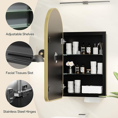 Arched Bathroom Medicine Cabinet with Mirror, No Assembly Needed, Recessed or Surface Mount Wall Storage Cabinet, Mirror Cabinet with Tissue Slot & 2X Magnifying Mirror (Gold, 29.5"L x 15.7"W)