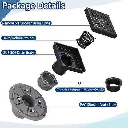 Neodrain 4 Inch Black Square Drain, 304 Stainless Steel Shower Drain Kits with PVC Base, Removable Cover Hair Catcher Strainer for Bathroom Floor Drain, Matte Black