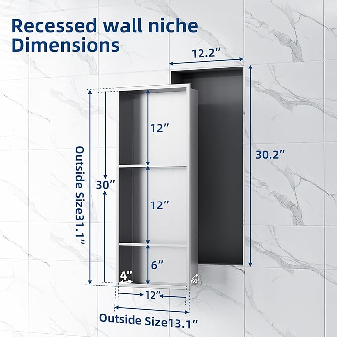 Neodrain 12X30 Inch Brushed Three Layers Stainless Steel Shower Niche, NO Tile Needed Recessed Niche Shelf for Bathroom Storage, 3-Tier Recessed Built-in Wall Niche