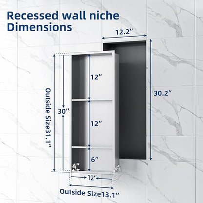Neodrain 12X30 Inch Brushed Three Layers Stainless Steel Shower Niche, NO Tile Needed Recessed Niche Shelf for Bathroom Storage, 3-Tier Recessed Built-in Wall Niche