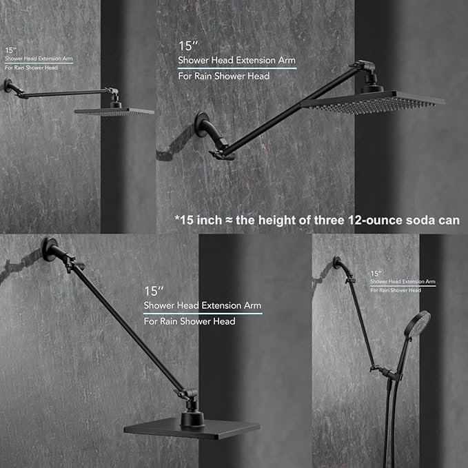 15 Inch Extra Long Adjustable Shower Head Extension Arm With Locking Set Screw, Singing Rain Brass Angle Height Adjustable, Easy To Install, G1/2 Universal Connector Compatible (Matt Black)