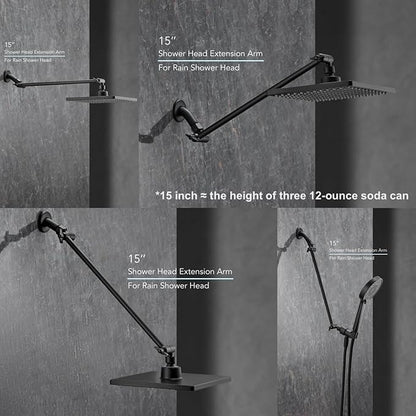 15 Inch Extra Long Adjustable Shower Head Extension Arm With Locking Set Screw, Singing Rain Brass Angle Height Adjustable, Easy To Install, G1/2 Universal Connector Compatible (Matt Black)