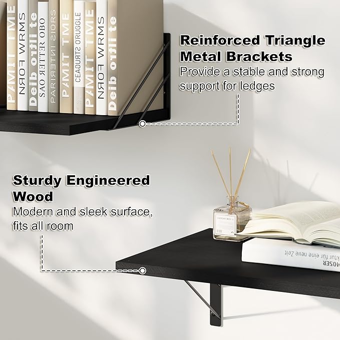 Love-KANKEI Wide Floating Shelves for Wall, Black 16" W x 12" D Large Deep Wood Wall Shelves for Storage in Bathroom, Bedroom, Living Room, and Kitchen Set of 2