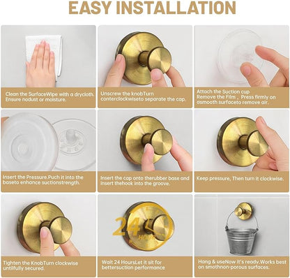 4Pcs New Model No-Drill Suction Cup Hooks for Door Wreaths, Wreath Hangers for Front Door, Suction Cup Hooks for Shower, Removable, Waterproof & Rustproof (Gold)
