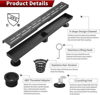 Sharp-tec Linear Shower Drain, 32 inch Shower Drain with Removable Pattern Cover, Matte Black 304 Stainless Steel Rectangle Floor Drain, Adjustable Feet and Hair Strainer Included (Model 101)