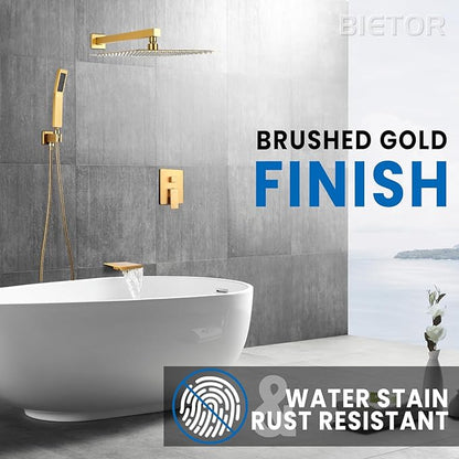 Wall Mounted Shower Faucet Set, Shower System with Tub Spout, 12 Inch Rainfall Shower Head with Handheld Spray, Waterfall Tub Spout Bathtub Faucet, Brushed Gold